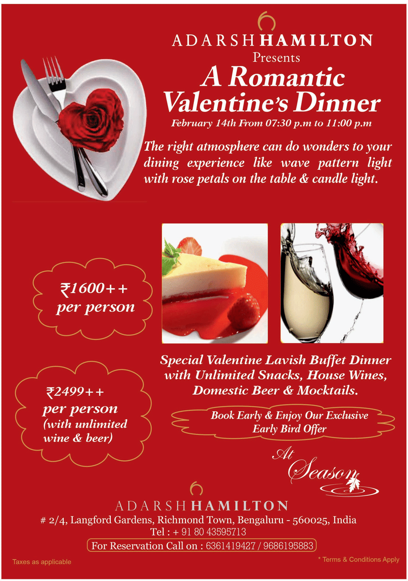 A promotional poster for a Romantic Valentine’s Dinner at Adarsh Hamlinton featuring a heart-shaped plate with a rose, dessert presentation, wine splash visuals, event details for February 14th, buffet inclusions, pricing per person, and reservation inform