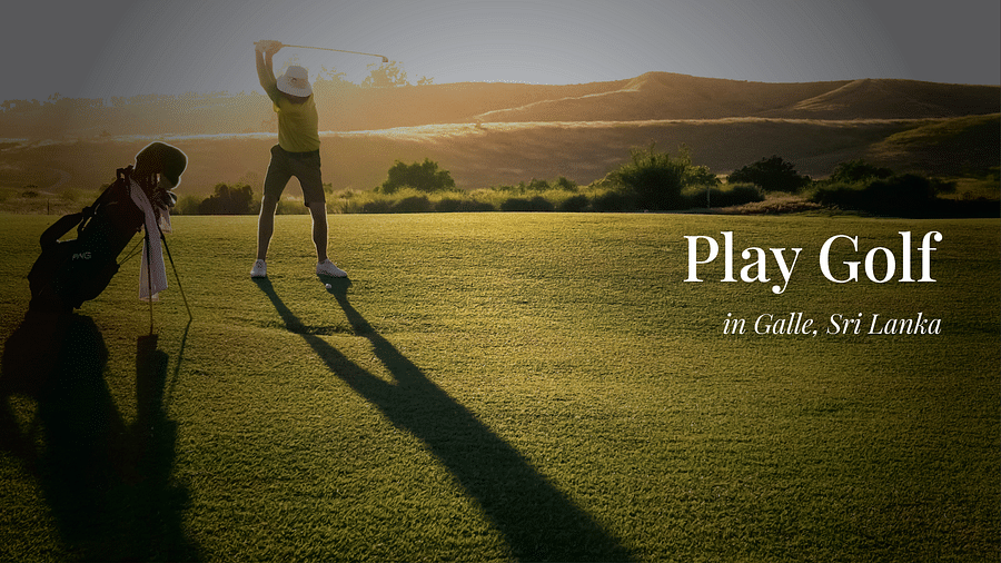 A golf bag next to the person swinging a club on a golf course at sunset next to the text - Play Golf in Galle, Sri Lanka