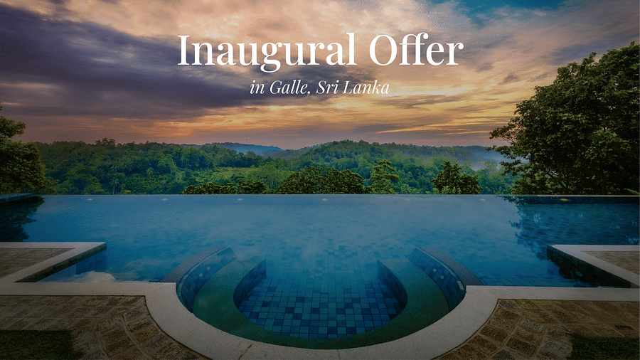 An infinity pool overlooks a lush green landscape under a dramatic sunset sky, with the text - Inaugural Offer in Galle, Sri Lanka visible at the top.