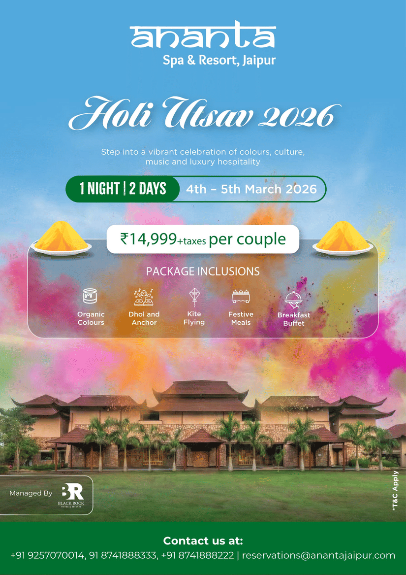 Promotional creative for Holi Utsav 2026 1-night package at Ananta Spa & Resort, Jaipur for 4–5 March, featuring organic colours, dhol, kite flying, festive meals and breakfast buffet.