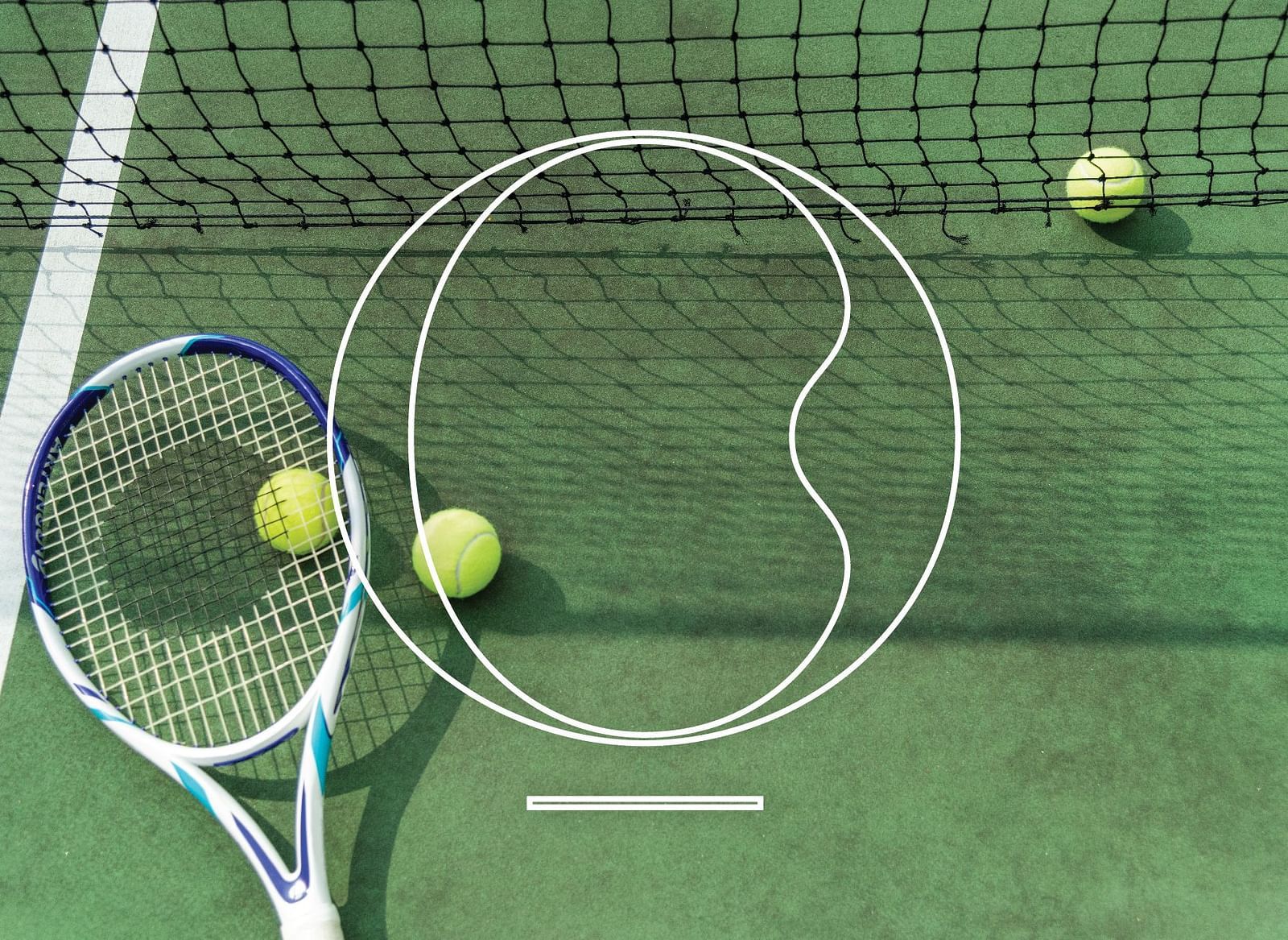 A tennis racket with several tennis balls scattered on the court at Miros Hotels