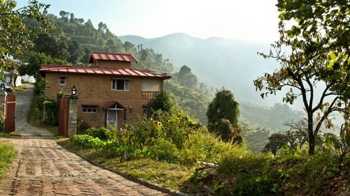 Old bungalow building entrance with pathway covered with trees - Ramgarh Bungalows, Nainital.