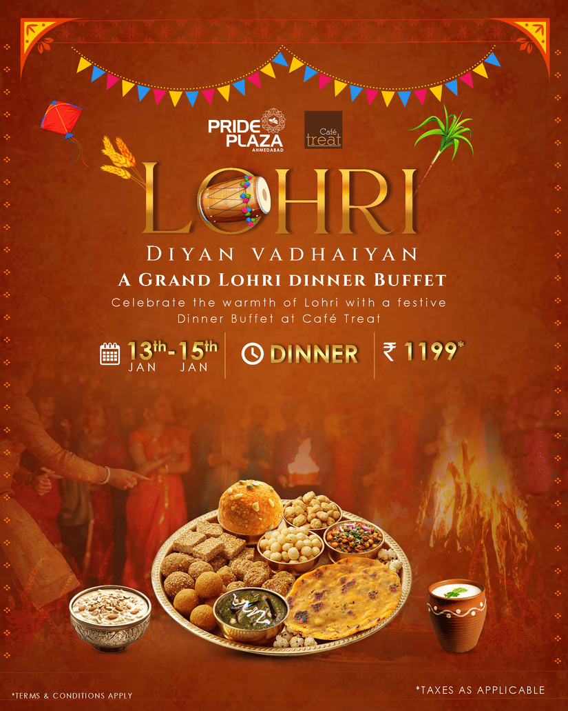 Lohri Dinner Buffet banner at Pride Plaza Ahmedabad at Café Treat from 13 - 15 January at Rs. 1,199 with festive visuals