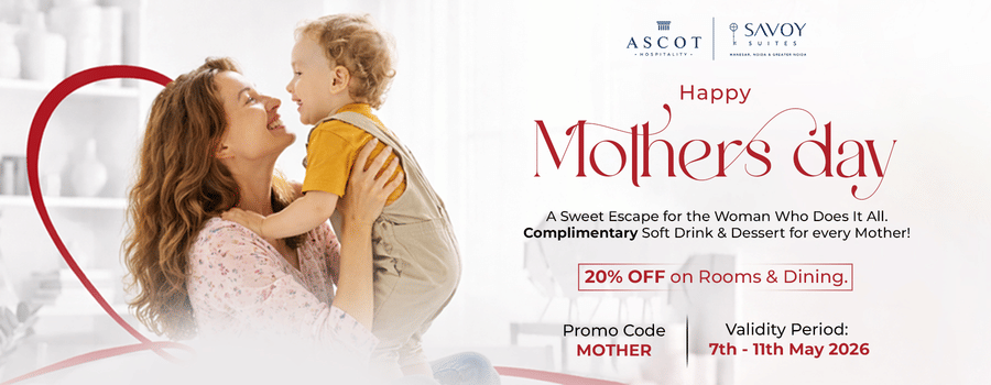 A joyful mother lifts her smiling toddler. Happy Mother's Day. 20% off on Rooms & Dining. Promo Code: MOTHER. Valid: 7th-11th May 2026.