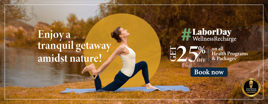 Labor Day Web Banner at YO1 Longevity and Health Resorts featuring a woman stretching by the lake on a yoga mat