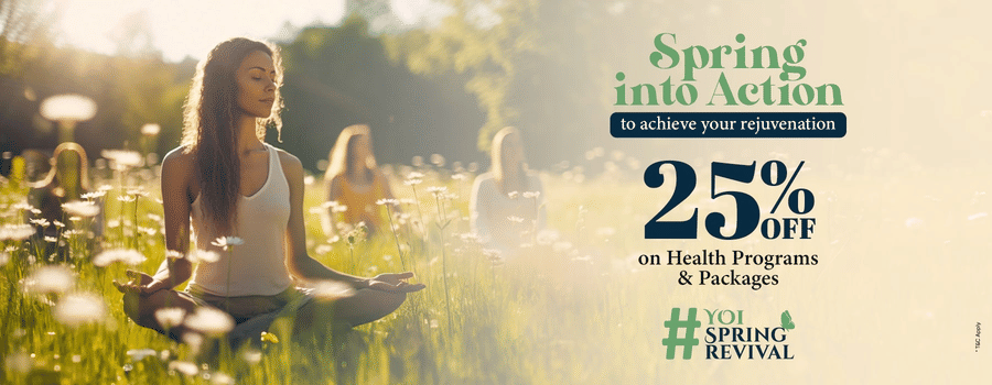 Spring into action offer banner featuring a group of women meditating in a wild garden on a sunny day at YO1 Longevity & Health Resorts, Catskills