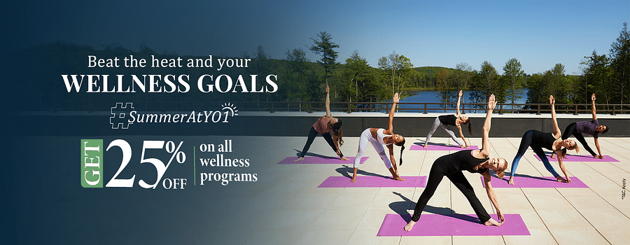 Summer banner showing Group of people practicing yoga on a rooftop with scenic views at YO1 Health Resort, Catskills, New York.