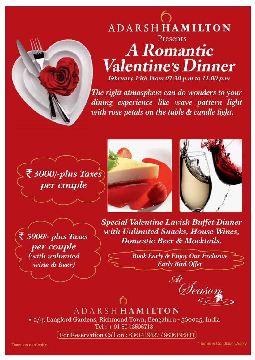 Adarsh Hamilton Valentine’s Day romantic dinner buffet with candlelight setup, wine, dessert, and special couple offers in Bengaluru.