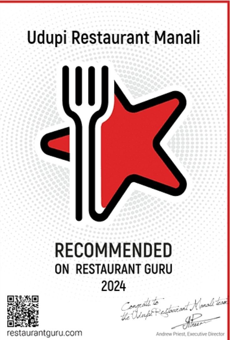 An award certificate of Udupi Restaurant in Manali which is most recommended in 2024