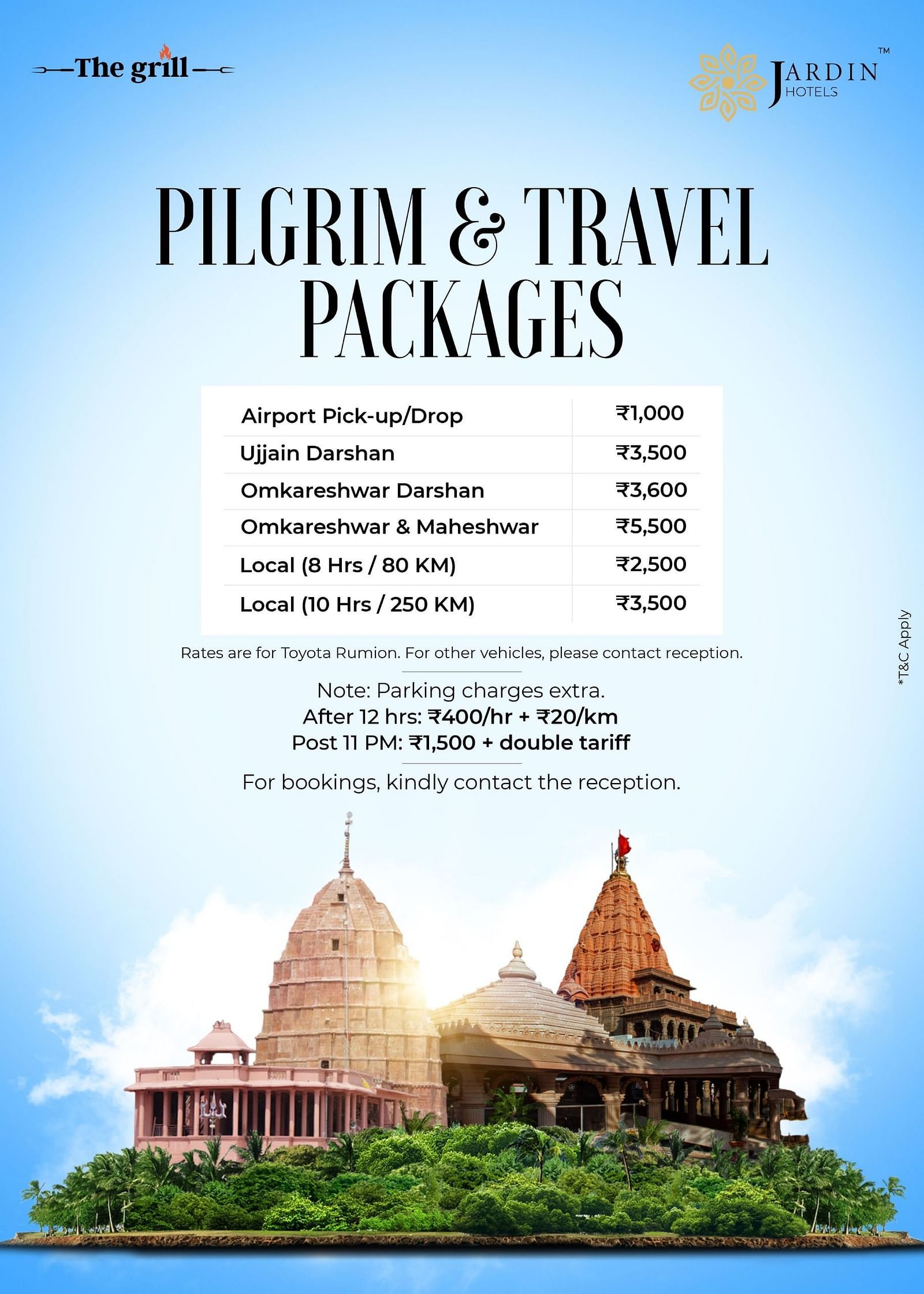 Explore holy sites with our Pilgrim and Travel Packages from INR 1000 only at Jardin Hotels, Nipania, Indore. Includes airport pick and drop, Ujjain Darshan, Omkareshwar and Maheshwar visits.