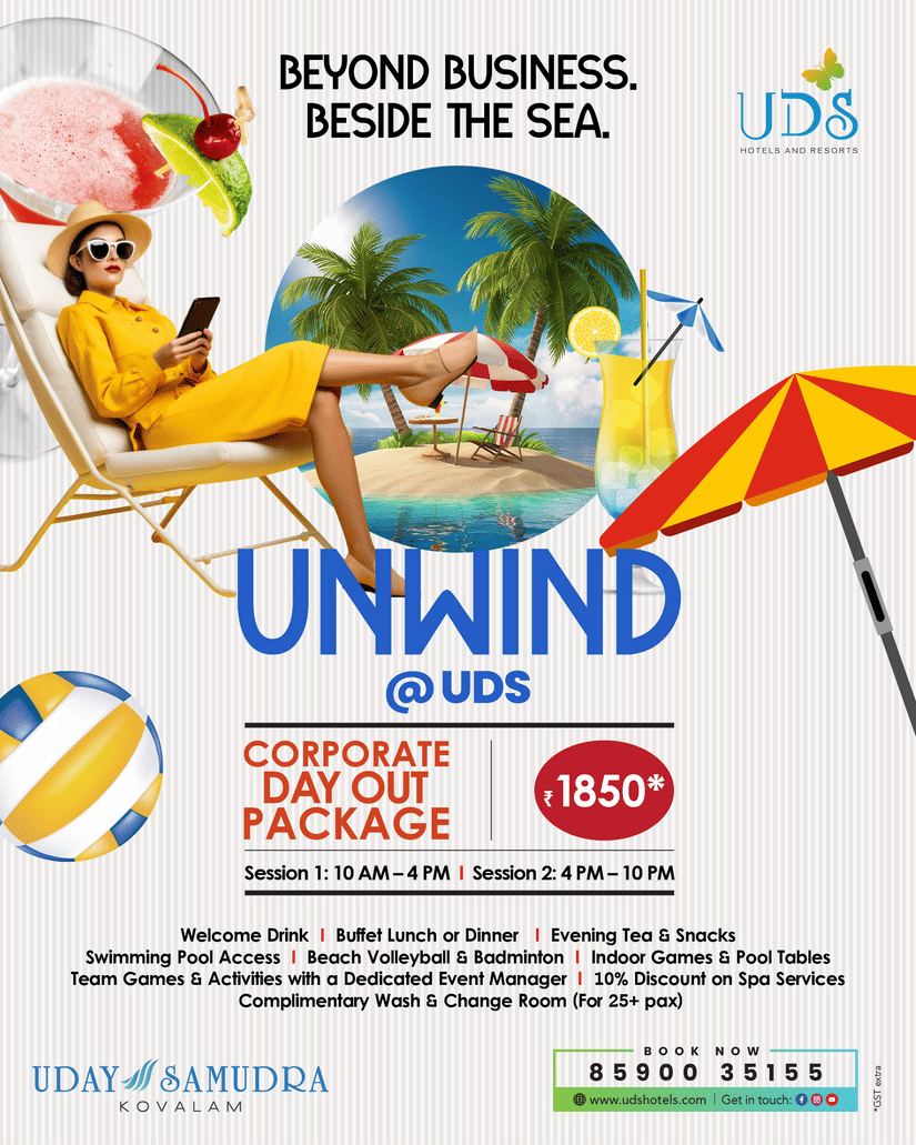 A woman relaxing on a chair at a beach-themed setup with drinks, umbrellas, and promotional text for a corporate day-out package at UDS Hotels.
