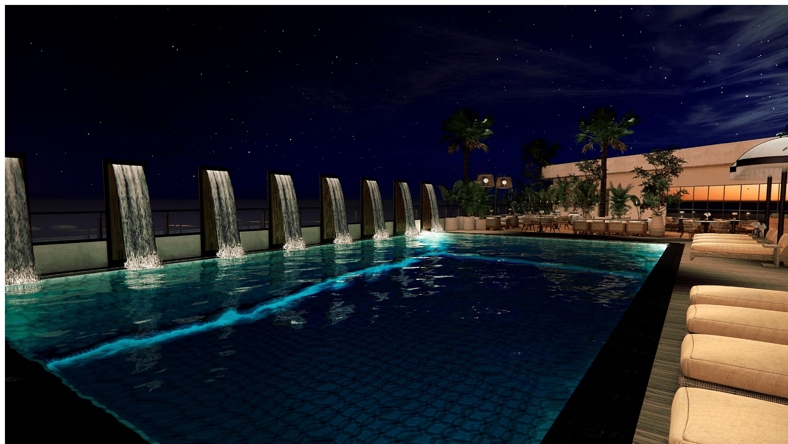 Image of swimming pool at night with lounge chairs on the side at Ramada Encore by Wyndham Gurugram Dwarka Expressway.