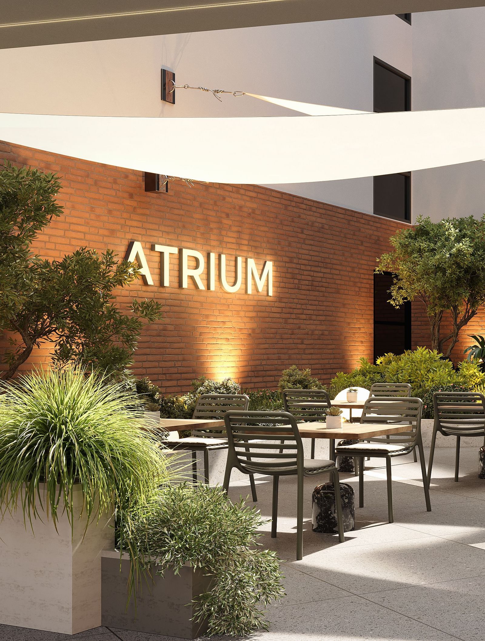 Comfortable dining seating at the Atrium at The Pelican Hotel, Accra.
