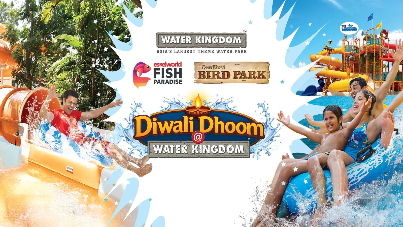 Diwali Dhoom celebration at Water Kingdom - Asia's largest theme water park, showing guests enjoying thrilling water slides and family pool fun