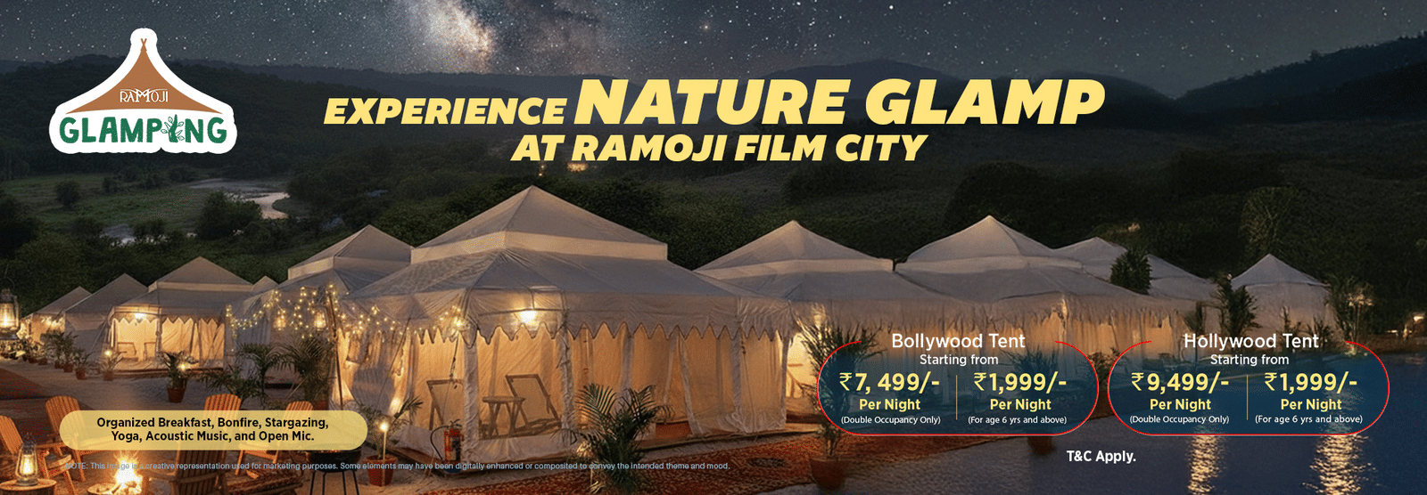 Header banner for Ramoji Glamping, featuring an illustration of illuminated luxury tents at night in a nature landscape.