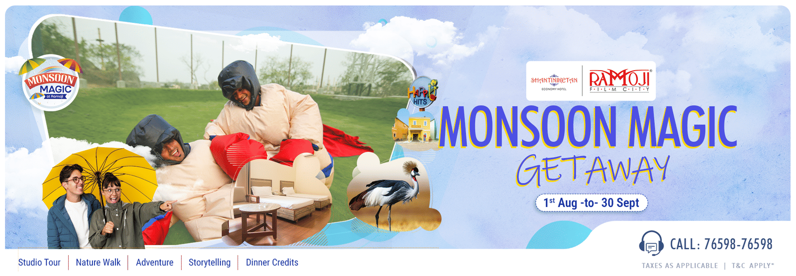 Banner for Ramoji Film City’s Monsoon Magic Getaway highlighting family fun and dining experiences.