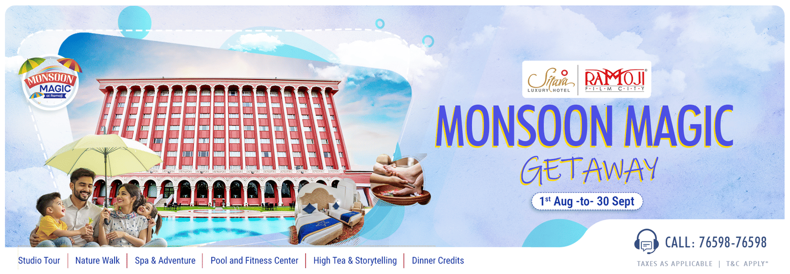 Banner for Ramoji Film City’s Monsoon Magic Getaway featuring the iconic Sitara red building facade.