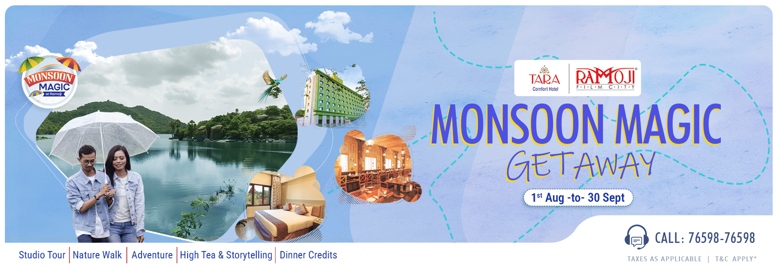 Banner for Ramoji Film City’s Monsoon Magic Getaway package featuring family activities and attractions.