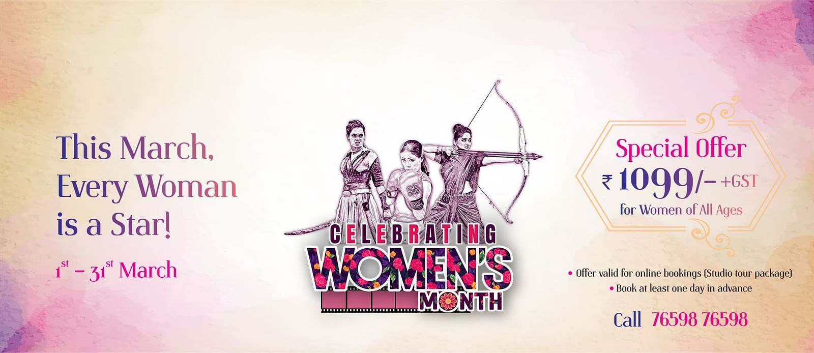 Women's Day special offer banner highlighting a ?1099+GST deal and celebrating women as stars.