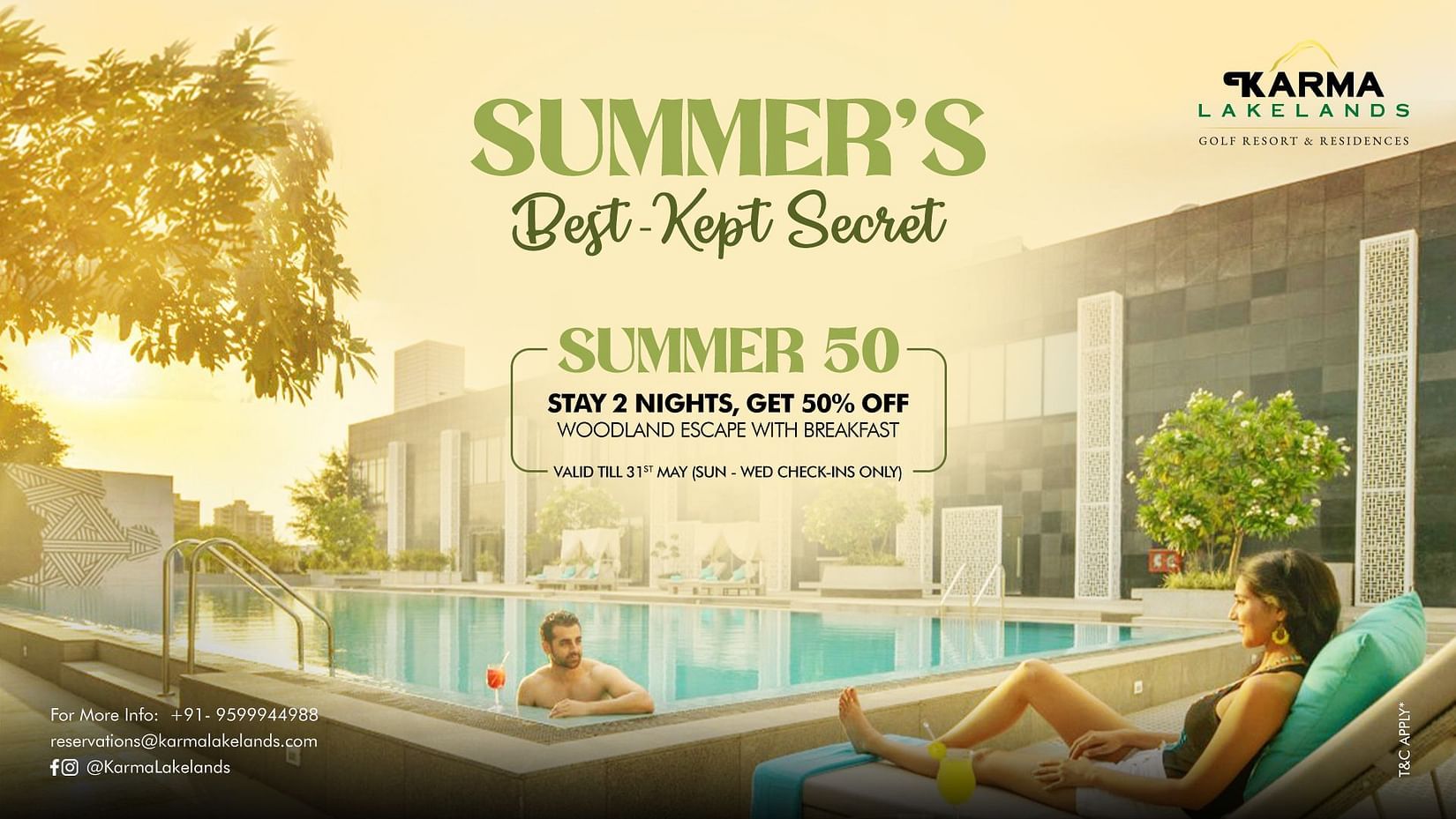 A vibrant creative for the SUMMER50 promocode package at Karma Lakelands showing people enjoying by the pool, with the text 'Summer’s Best Kept Secret' and package details below