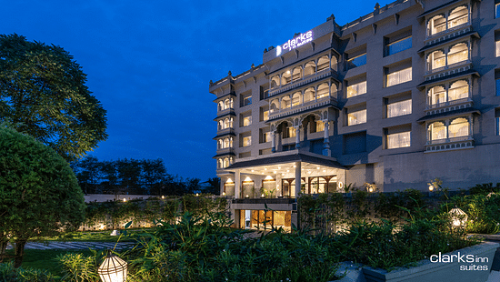 Facade of Clarks Inn Suites, Near Raipur Airport during late evening with lightings