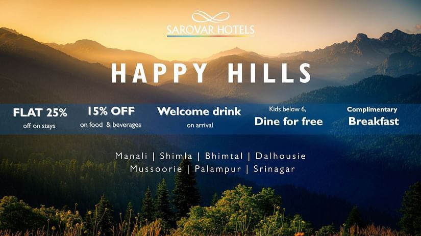 Happy Hills banner for Sarovar Hotels & Resorts showcasing offer discounts with a sunset-lit mountain landscape in the background