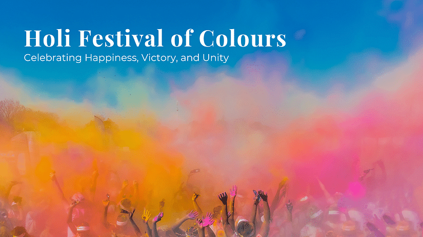 People throwing their colourful hands in the air along with vibrant colours under a blue sky as the text says Holi Festival of Colours. Celebrating Happiness, Victory and Unity