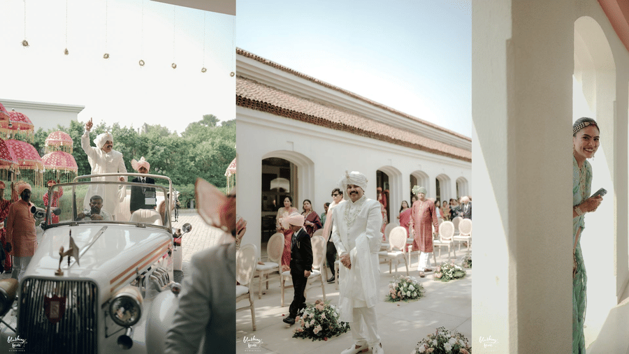 A collage which is featuring entry of the groom in a jeep, an outdoor wedding lawn where a groom is standing with with guests, and a woman in traditional attire posing from behind the wall.