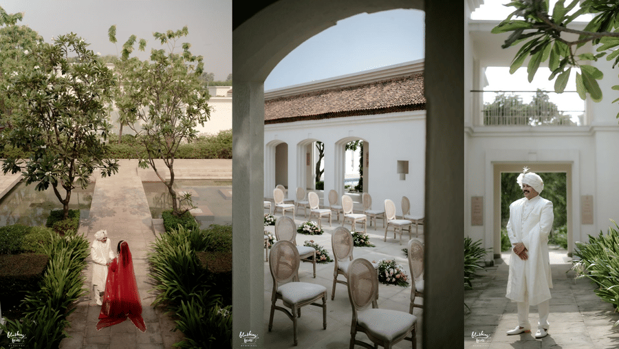 A collage which is featuring a newly wedded couple, a sitting area at the lawn, and a groom dressed up.