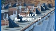 Sarovar Hotels & Resorts banner with the text Your MICE, Our Hospitality over a well-arranged dining setup in the background