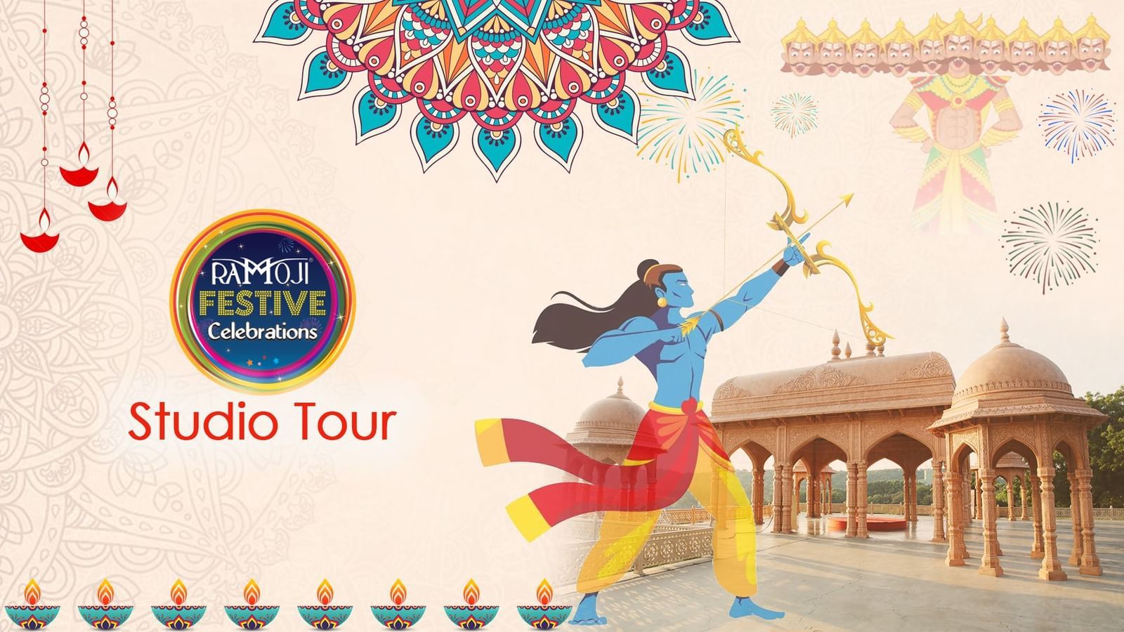 Ramoji Festive Celebrations banner featuring Studio Tour with illustration of a traditional dancer and heritage-style architecture.