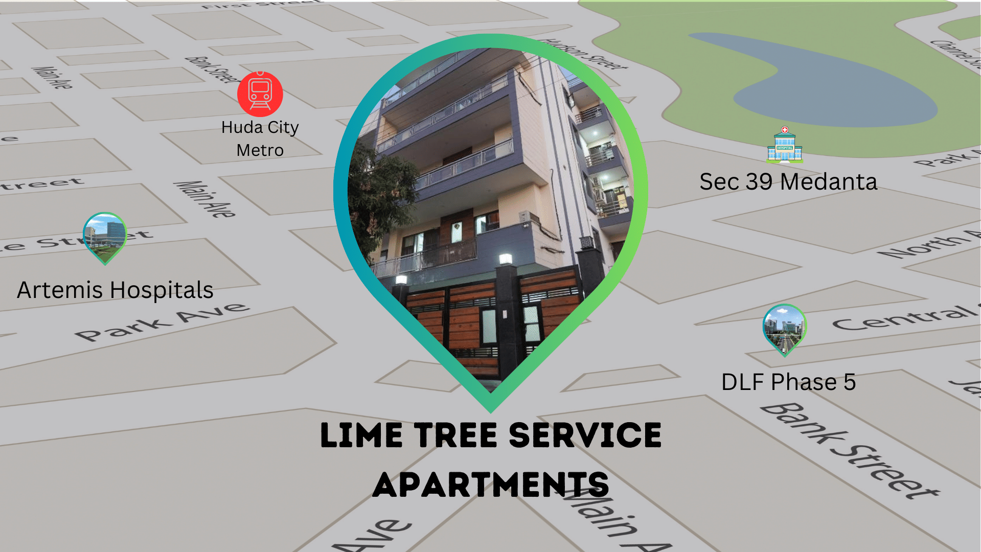 Map graphic showing the location of Lime Tree Service Apartments near Artemis Hospitals and DLF Phase 5.