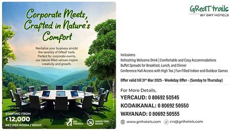 Corporate Meets at GReaT Trails, starting at INR 12,000 per night, offering scenic venues, cosy stays, buffet spreads, and conference facilities, valid till 31st March 2025