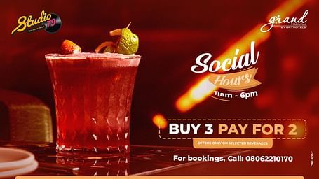 Poster for Social Hours at Studio 79, Grand Madurai – Buy 3, Pay for 2 on selected drinks, valid from 11am to 6pm. Features a red cocktail with garnish. Call 08062210170 for bookings.