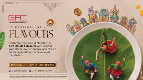 Grt hotels navratri poster 'a festival of flavours' — dandiya dancer figurines and deities on banana leaf plate, dinner dates 11th-20th october 2026, grt logo.