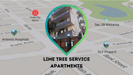 Map graphic showing the location of Lime Tree Service Apartments near Artemis Hospitals and DLF Phase 5.