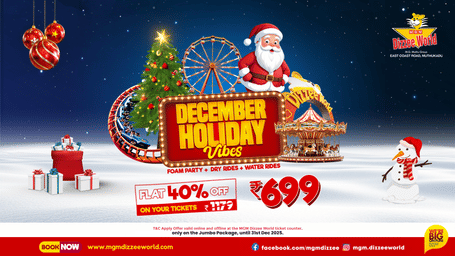 Festive December Holiday Vibes offer at MGM Dizzee World showcasing Rs 699 Jumbo Package with foam party, dry rides, and water rides highlighted.