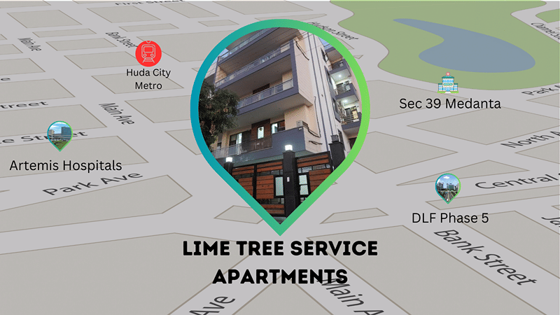 Map graphic showing the location of Lime Tree Service Apartments near Artemis Hospitals and DLF Phase 5.