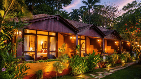 Lake View Rooms with Private Terrace at Fragrant Nature Kollam illuminated at dusk, surrounded by lush tropical greenery