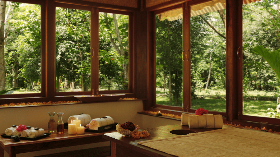 An overview of the interior of Oma Spa with a massage table and other things kept on the table at Barefoot at Havelock.