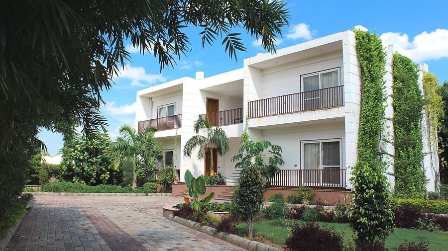 An exterior view of a white building surrounded by lush greenery - Clarks Safari, Ranthambore