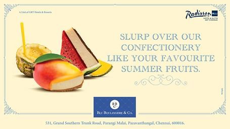 Fruit-themed desserts including mango, watermelon, and pineapple featured in a summer confectionery promotion by Blu Boulangerie & Co. at Radisson Blu Chennai.