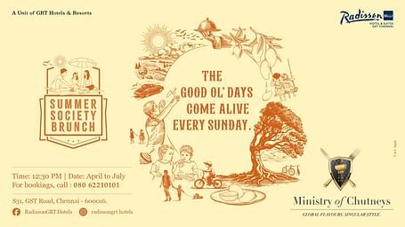 Vintage-style illustration promoting the 'Summer Society Brunch' at Radisson Blu Chennai, evoking nostalgia with childhood scenes and summer fruits.