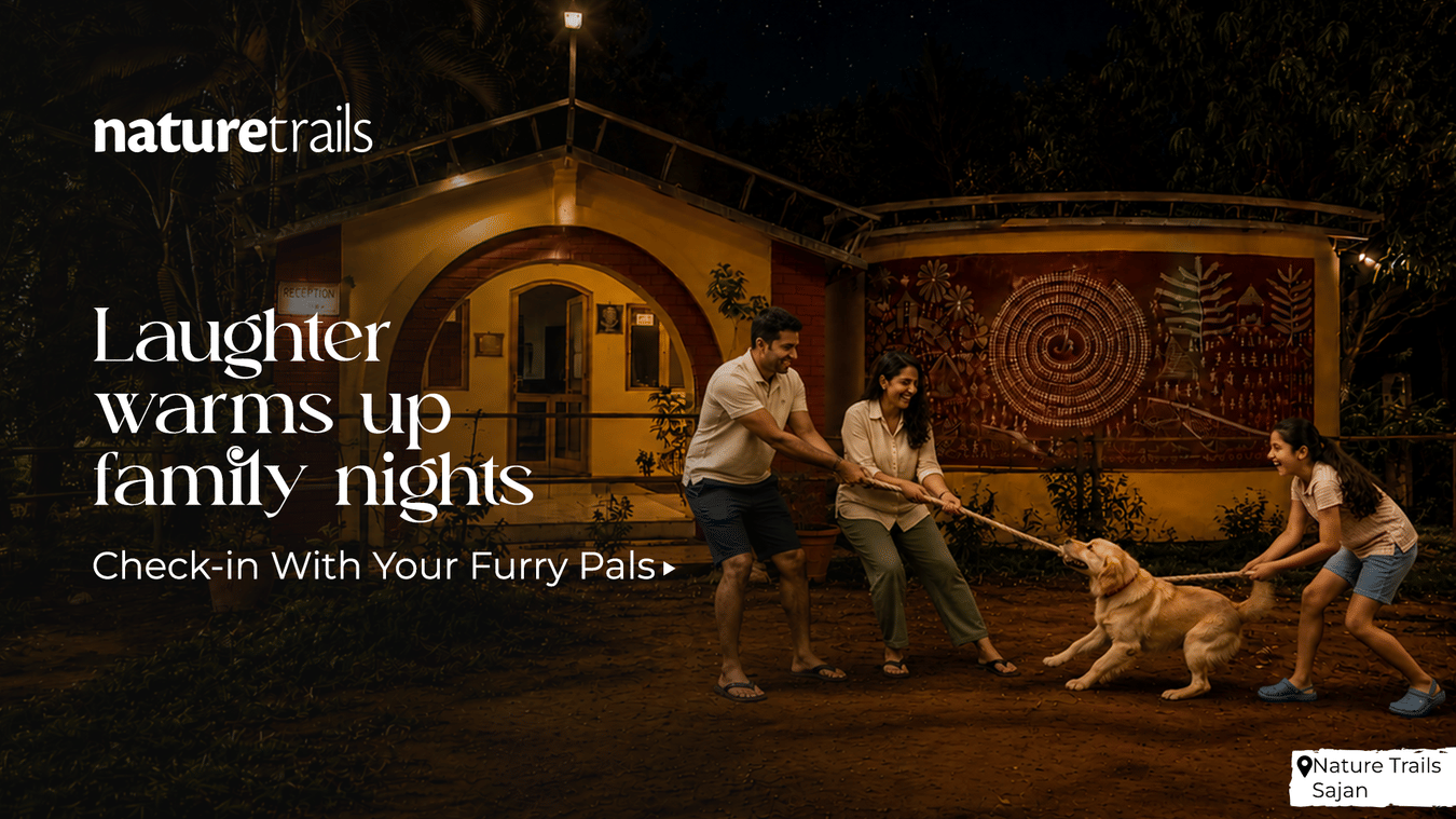 Family and pets gathered around a bonfire at night at NatureTrails resort