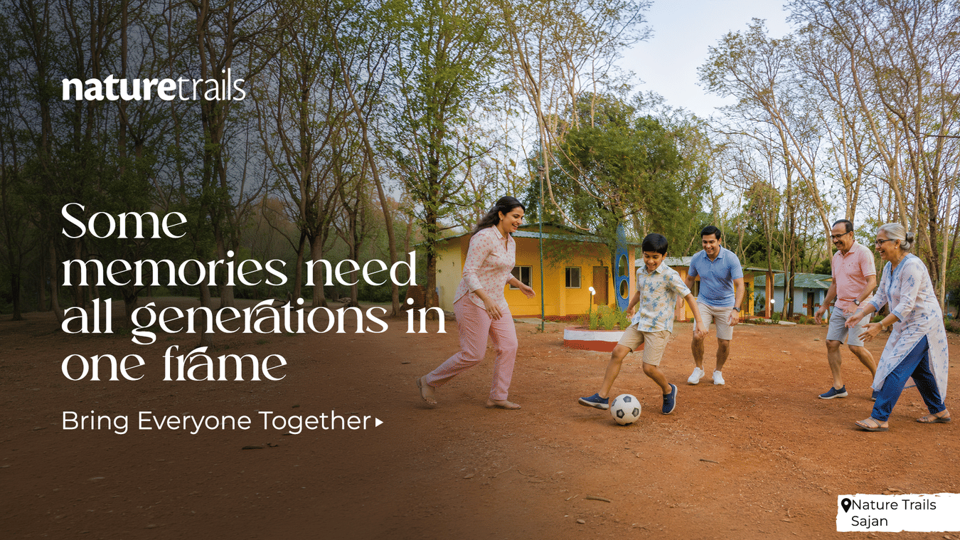 Multi-generational family playing outdoors at NatureTrails resort surrounded by trees