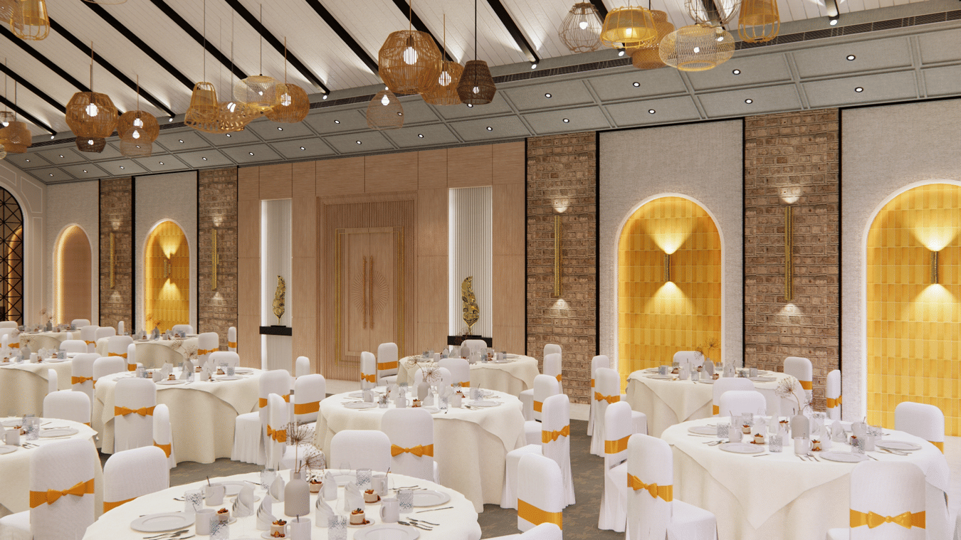 Round table seating arrangements inside the BANQUET hall - Polo Cherrapunjee Resort