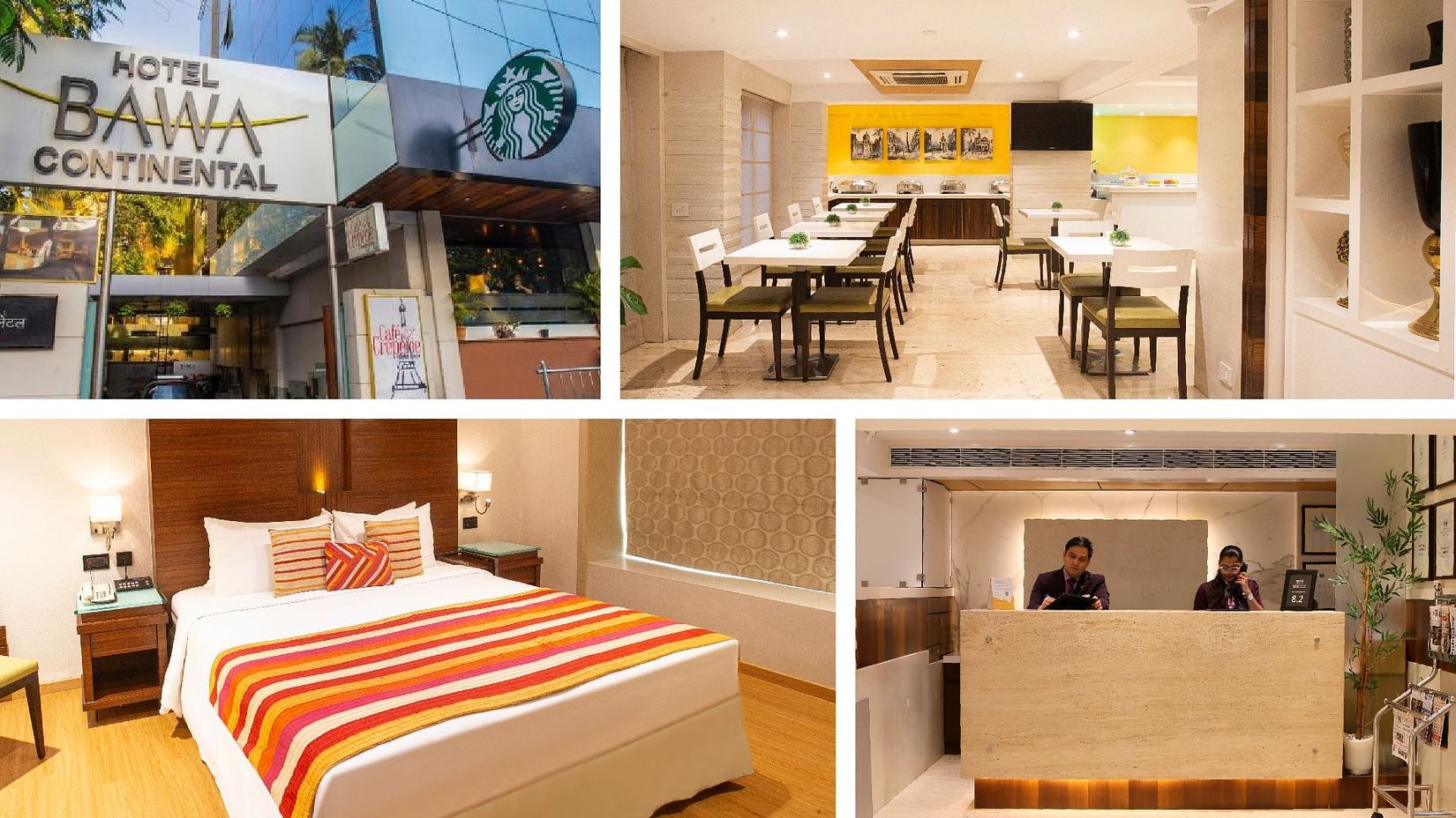 Collage featuring a bedroom, dining area, reception, and the facade of BAWA Continental.