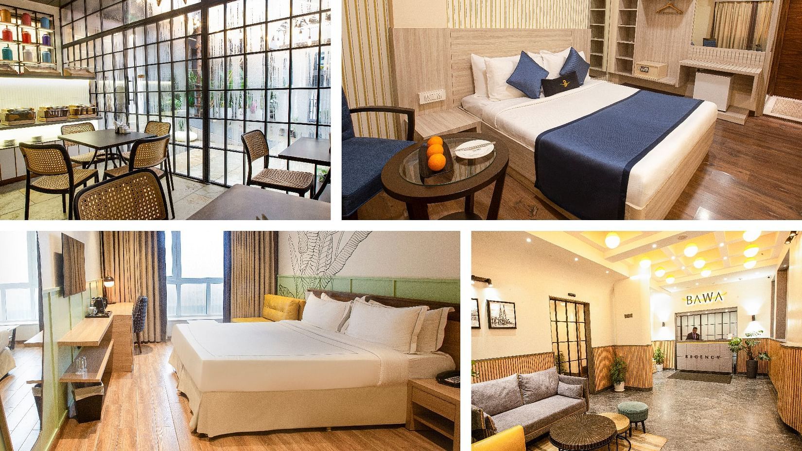 Collage featuring a bedroom, dining area, reception, and the facade , bawa regency.