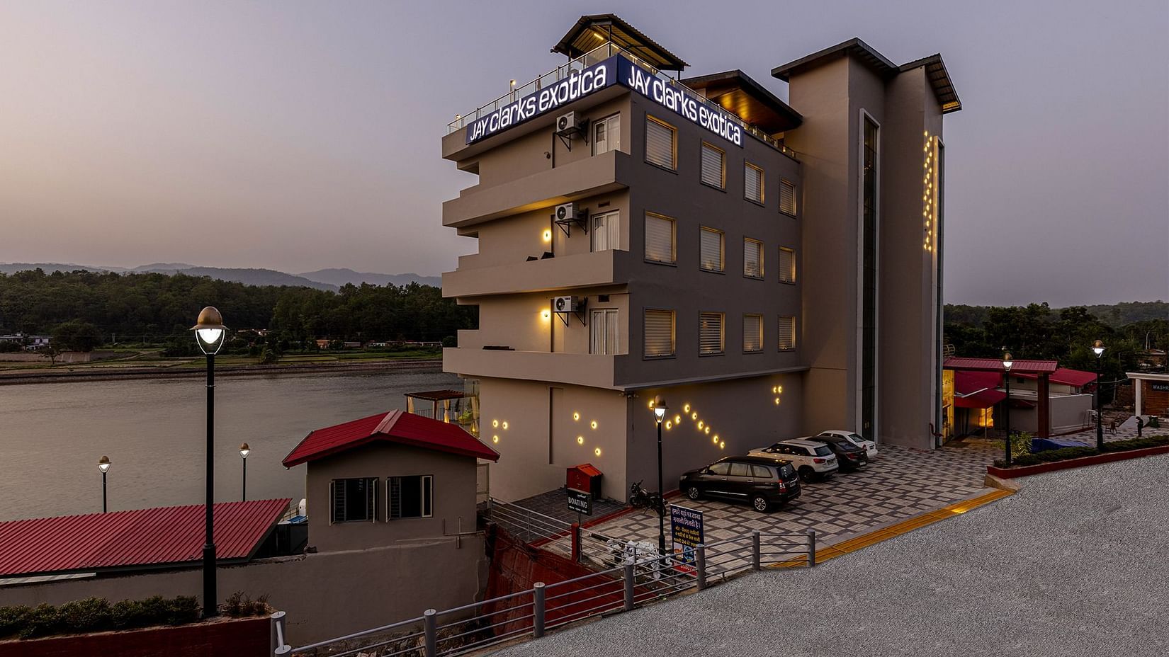 Facade of Jay Clarks Exotica, Nahan by the lake as the evening is is arriving