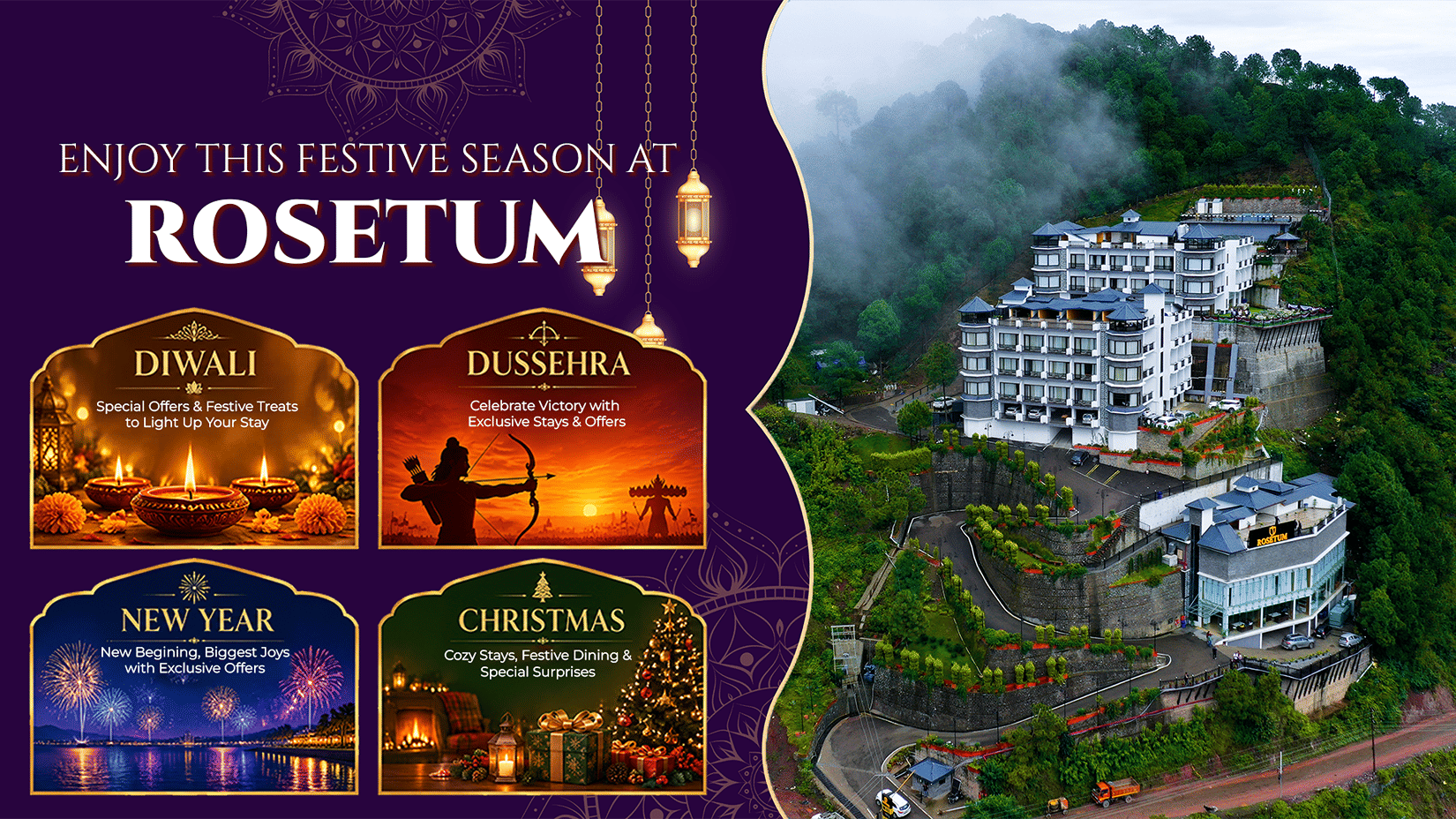 estive season promotional banner for Diwali, Dussehra, New Year, and Christmas celebrations alongside an aerial view of the hilltop property at Rosetum.